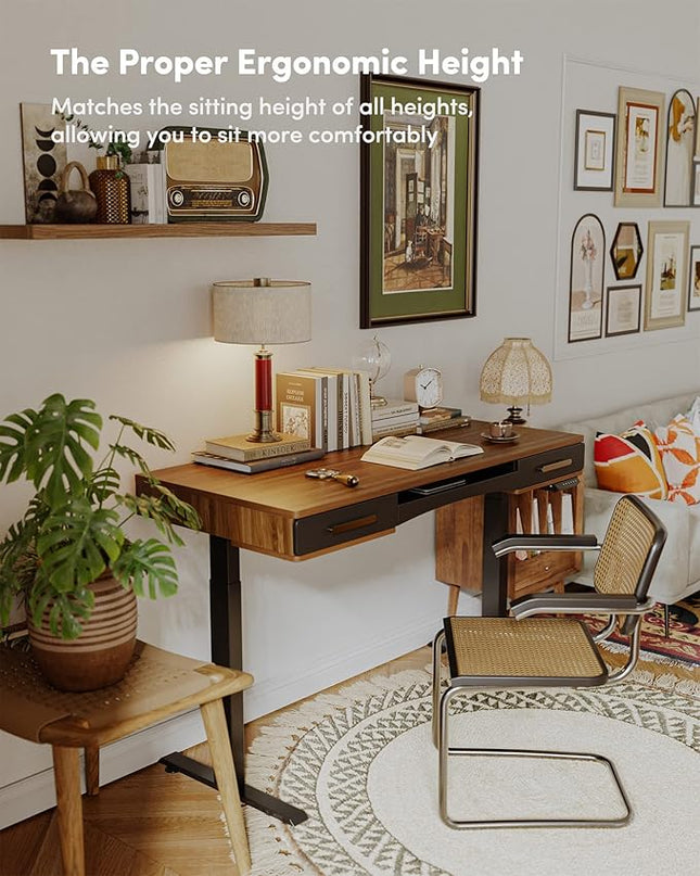 BANTI 48" x 26" Electric Standing Desk, Mid-Century Modern Desk with 3 Drawers, Stand Up Home Office Desks, Vintage Top - LeafyLoom