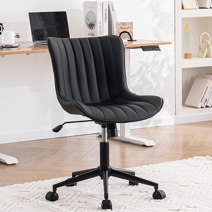 YOUNIKE Office Chair Swivel Desk Chair Upholstered Faux Leather Height Adjustable with Wheels Computer Task Chair Modern Rolling Armless Back, Black, Loads 300 lbs - LeafyLoom