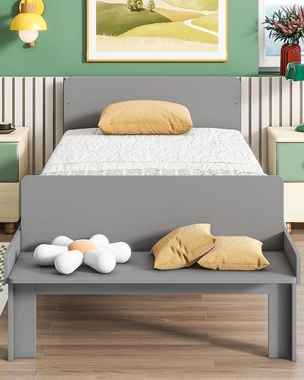 Twin Bed with Footboard Bench, Twin Kid Bed with Headboard, Wood Slat Support, Cute Kid Bed Frame with Book Storage Space, Twin Car Bed for Boys Girls Bedroom, No Box Spring Needed, Grey - LeafyLoom