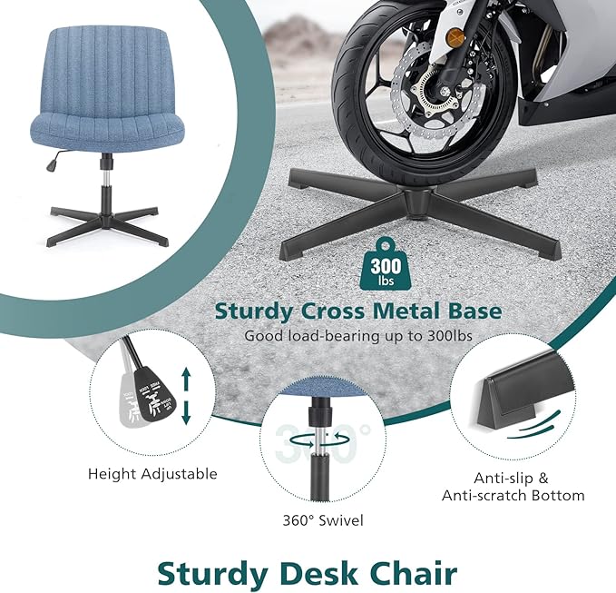 OLIXIS Cross Legged Armless Wide Adjustable Swivel Padded Home Office Desk Chair, Blue - LeafyLoom
