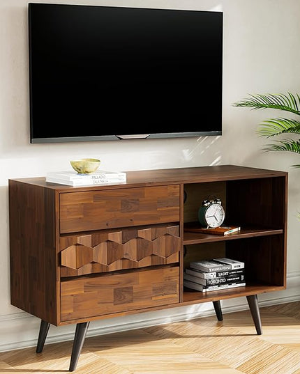 Bme Georgina 45 Inch Solid Wood TV Stand & Signature Queen Bed Frame with Handcrafted Geometric Headboard, Walnut - LeafyLoom