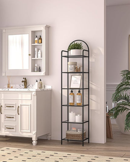 Bookcase Bookshelf, Tempered Glass Bookshelves, Slim Shelving Unit for Bedroom, Bathroom, Home Office, Steel Frame, 6 Tier Black BC10601B - LeafyLoom