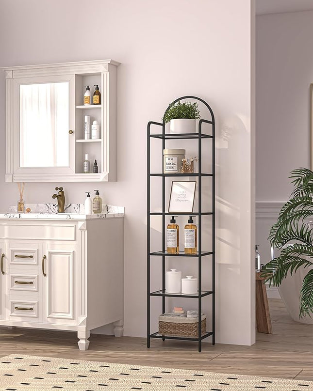 Bookcase Bookshelf, Tempered Glass Bookshelves, Slim Shelving Unit for Bedroom, Bathroom, Home Office, Steel Frame, 6 Tier Black BC10601B - LeafyLoom
