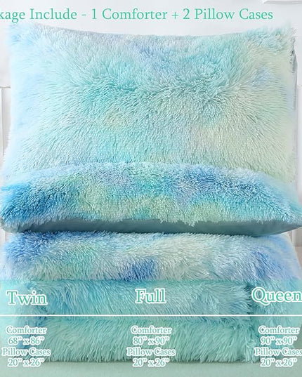 WINLIFE Shaggy Bedding Comforter Set Faux Fur Flannel Furry Comforter Microfiber Long Hair Fluffy Plush Comforter Sets Gradient Ombre Blue Aqua Teal Bedding for Girls Adults (3Pcs, Queen, Mint Green) - LeafyLoom