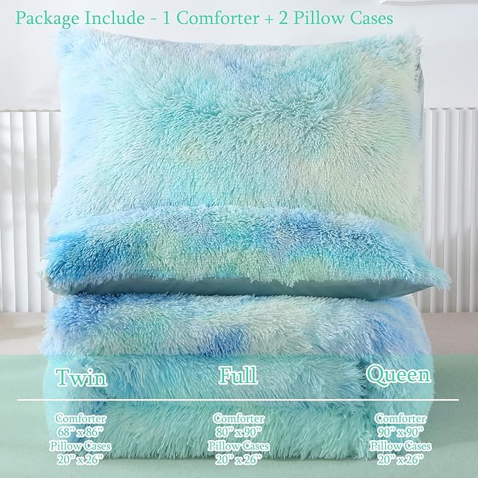 WINLIFE Shaggy Bedding Comforter Set Faux Fur Flannel Furry Comforter Microfiber Long Hair Fluffy Plush Comforter Sets Gradient Ombre Blue Aqua Teal Bedding for Girls Adults (3Pcs, Queen, Mint Green) - LeafyLoom