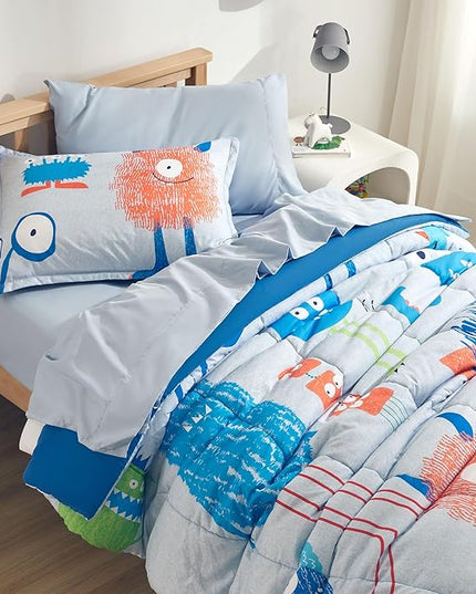 SLEEP ZONE Kids Bedding Comforter Set Full/Queen Size - Super Cute & Soft Kids Bedding 7 Pieces Set with Comforter, Sheet, Pillowcase & Sham (Monster) - LeafyLoom