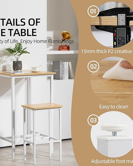 Finnhomy Bar Table, 23.6" Pub Table High Top Table, Square Bar Height Table, Counter Height Cocktail Table, Small Kitchen Table Set for 2, Breakfast for Kitchen, Living Room, Oak Beige and White - LeafyLoom