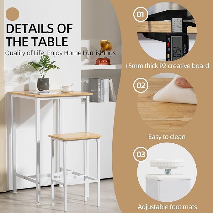 Finnhomy Bar Table, 23.6" Pub Table High Top Table, Square Bar Height Table, Counter Height Cocktail Table, Small Kitchen Table Set for 2, Breakfast for Kitchen, Living Room, Oak Beige and White - LeafyLoom