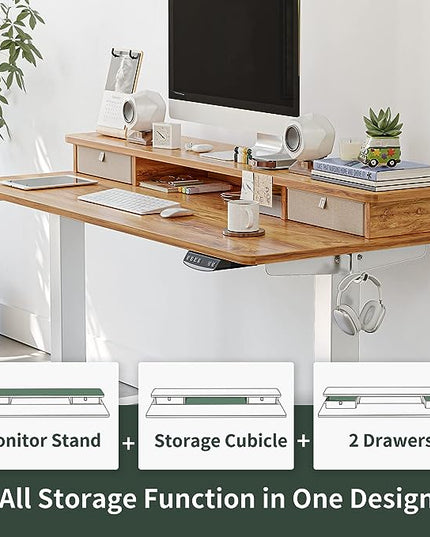 FEZIBO 60 x 24 Inch Height Adjustable Electric Standing Desk with Double Drawer, Stand Up Desk with Storage Shelf, Sit Stand Desk, Light Rustic - LeafyLoom