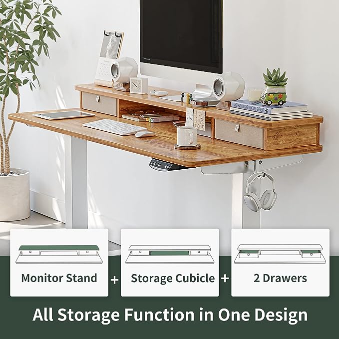 FEZIBO 60 x 24 Inch Height Adjustable Electric Standing Desk with Double Drawer, Stand Up Desk with Storage Shelf, Sit Stand Desk, Light Rustic - LeafyLoom