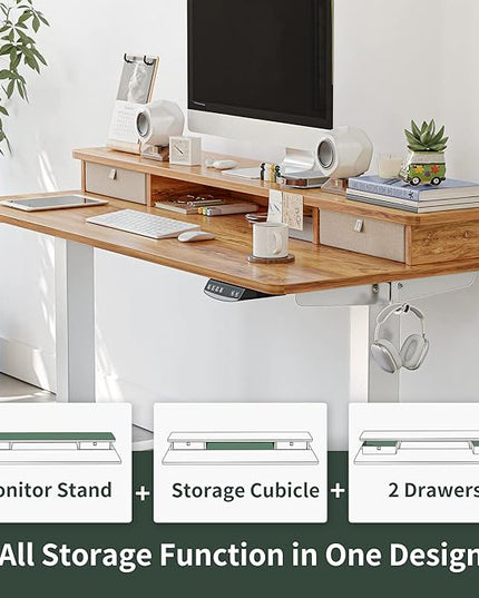 FEZIBO 48 x 24 Inch Height Adjustable Electric Standing Desk with Double Drawer, Stand Up Desk with Storage Shelf, Sit Stand Desk, Light Rustic - LeafyLoom