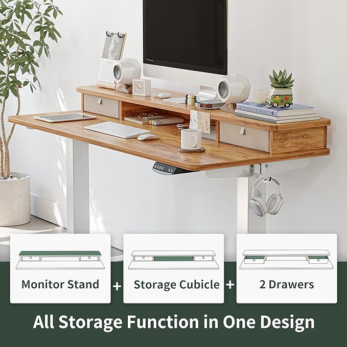 FEZIBO 48 x 24 Inch Height Adjustable Electric Standing Desk with Double Drawer, Stand Up Desk with Storage Shelf, Sit Stand Desk, Light Rustic - LeafyLoom