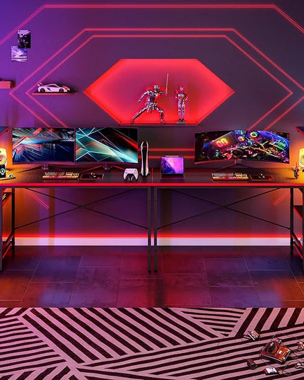Bestier 61 Inch Gaming Desk with LED Lights, Reversible Shelves, Height Adjustable Shelf, Steel Frame, CARB P2 Class Board, Black Grained - LeafyLoom