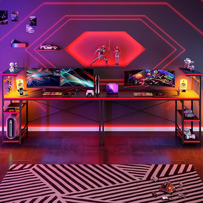 Bestier 61 Inch Gaming Desk with LED Lights, Reversible Shelves, Height Adjustable Shelf, Steel Frame, CARB P2 Class Board, Black Grained - LeafyLoom