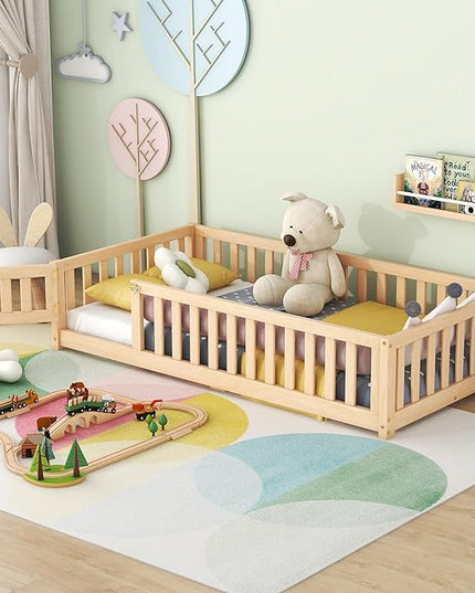 Multifunctional Twin Size Floor Bed with Safety Guardrails and Door, Removable Wood Slats, Montessori Beds Frame for Toddlers, Easy Assembly, for Boys and Girls Room, Natural - LeafyLoom