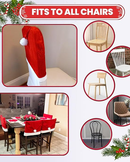 Christmas Chair Covers Set of 4,Red and White Santa Claus Hat Chair Back Covers for Xmas Holiday Festival Indoor Kitchen Bar Counter Stools Decorations Dining Room Table Decor Satxtrem