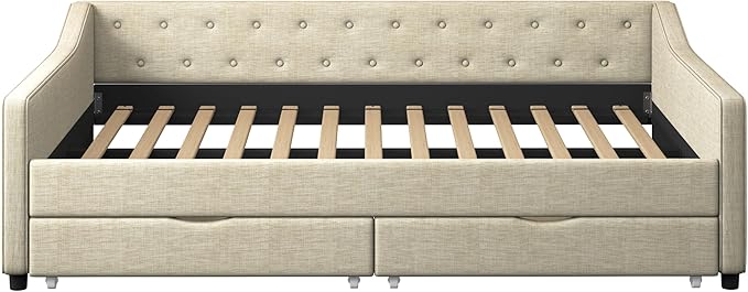 Full Size Daybed with Drawers, Linen Upholstered Tufted Sofa Bed Frame with Button on Back, Waved Shape Arms, Wooden Slats Support, Space-Saving for Apartment,Bedroom, Beige - LeafyLoom