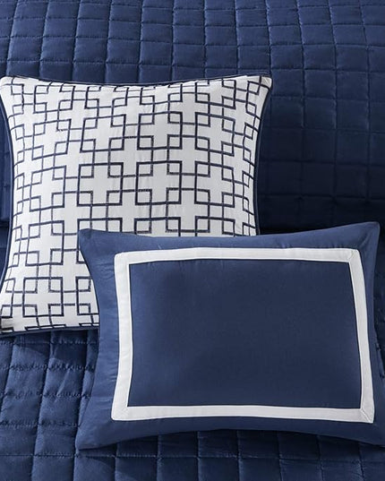 Madison Park Heritage Comforter Quilt Combo Set - Modern Luxury Design, All Season Down Alternative Bedding, Matching Shams, Decorative Pillows, King/Cal King(104"x92"), Color Block Navy 8 Piece - LeafyLoom