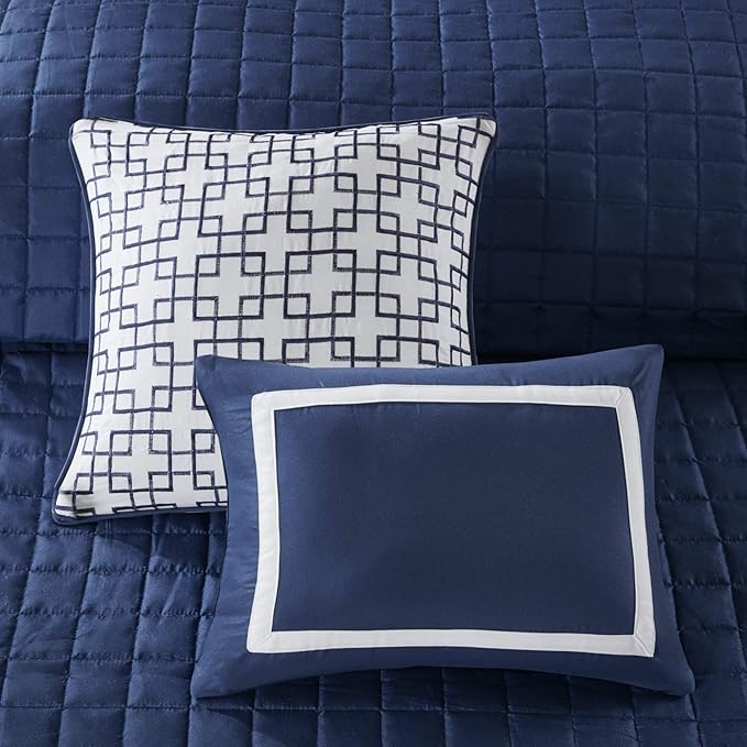Madison Park Heritage Comforter Quilt Combo Set - Modern Luxury Design, All Season Down Alternative Bedding, Matching Shams, Decorative Pillows, King/Cal King(104"x92"), Color Block Navy 8 Piece - LeafyLoom
