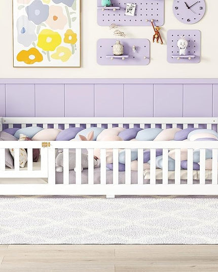 Multifunctional Full Size Floor Bed with Safety Guardrails and Door, Removable Wood Slats, Montessori Beds Frame for Toddlers, Easy Assembly, for Boys and Girls Room, White - LeafyLoom
