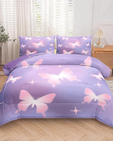 Tailor Shop Butterfly Comforter Sets King Size,Purple Pink Butterfly Bedding Sets for Girls Kids Teens with 2 Pillowcase… - LeafyLoom