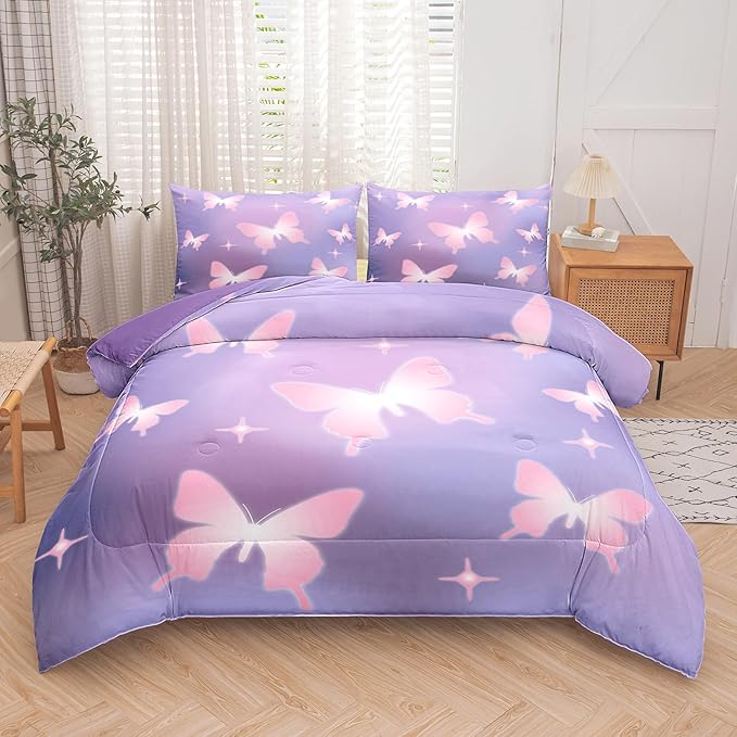 Tailor Shop Butterfly Comforter Sets Twin Size,Purple Pink Butterfly Bedding Sets for Girls Kids Teens with 1 Pillowcase… - LeafyLoom