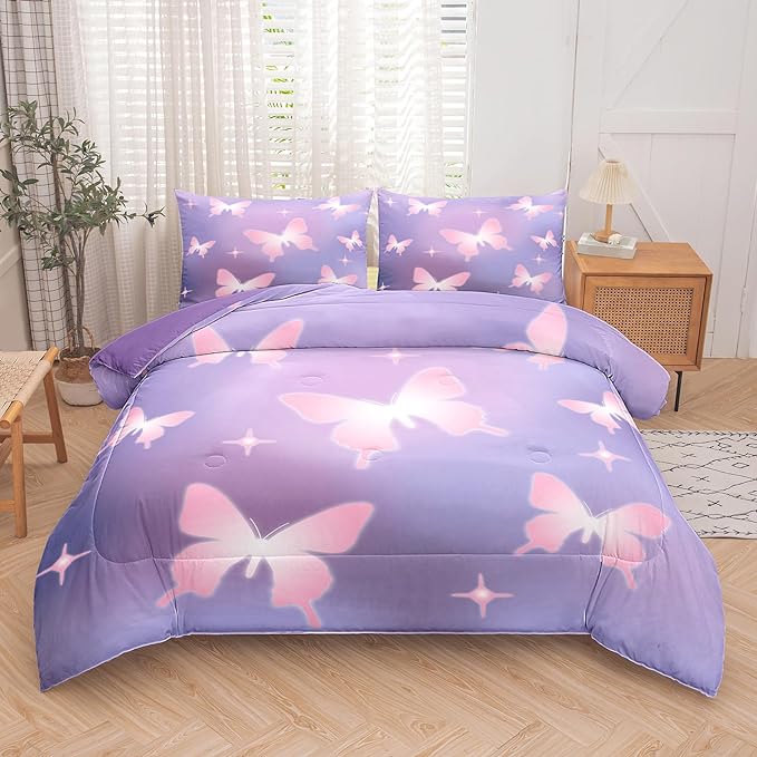Tailor Shop Butterfly Comforter Sets Full Size,Purple Pink Butterfly Bedding Sets for Girls Kids Teens with 2 Pillowcase… - LeafyLoom