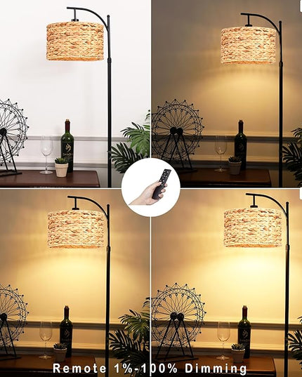Floor Lamp for Living Room Bedroom Rattan Boho Arc Standing Lamp with Remote Dimmable Black Wicker Bamboo Lamp Shade Floor Light Adjustable Tall Lamp Farmhouse Industrial Floor Lamps Bohemian - LeafyLoom