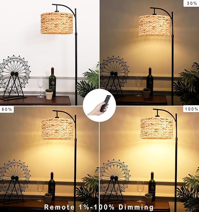 Floor Lamp for Living Room Bedroom Rattan Boho Arc Standing Lamp with Remote Dimmable Black Wicker Bamboo Lamp Shade Floor Light Adjustable Tall Lamp Farmhouse Industrial Floor Lamps Bohemian - LeafyLoom