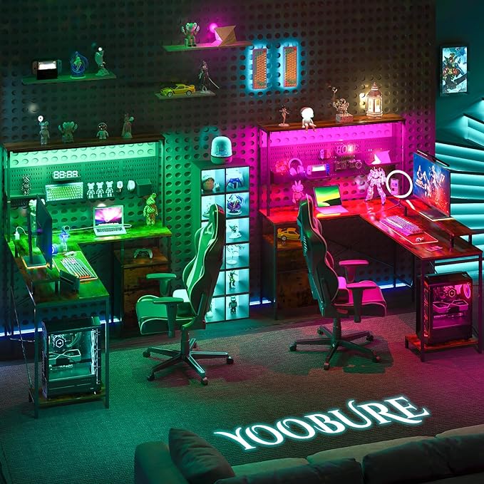 Yoobure L Shaped Desk with Pegboard, Reversible Gaming Desk with LED Lights & Power Outlets, Computer Desk with Drawers & Storage Shelves, Office Desk with Monitor Stand Corner Desk Home Office Desks - LeafyLoom