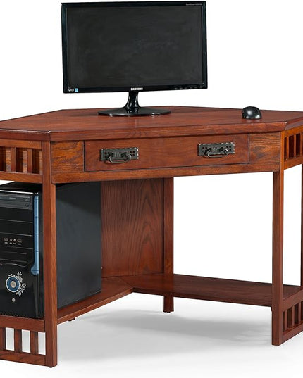 Leick Home 82430 Mission Corner Desk, Writing Computer Desk with Drop Front Keyboard Drawer, for Home Office, Solid Wood, Mission Oak - LeafyLoom
