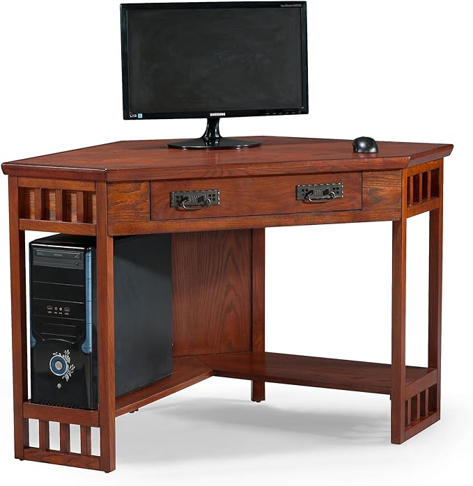 Leick Home 82430 Mission Corner Desk, Writing Computer Desk with Drop Front Keyboard Drawer, for Home Office, Solid Wood, Mission Oak - LeafyLoom
