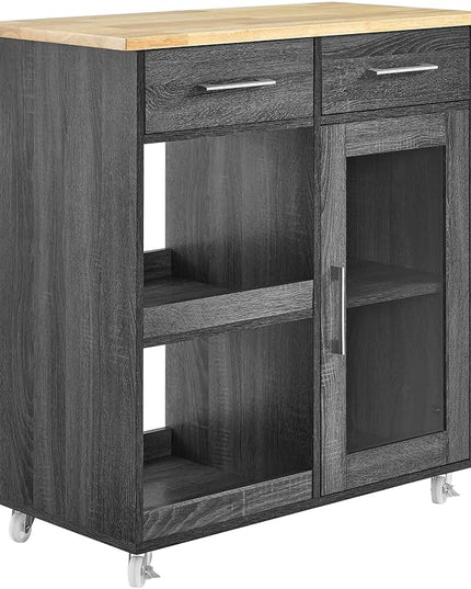 Modway Culinary Rolling Kitchen Cart with Storage in Charcoal Natural - 3 Tiers Kitchen Island on Wheels with Towel Bar, Functional as a Coffee Station, Bar Cabinet or Butcher Block Island - LeafyLoom