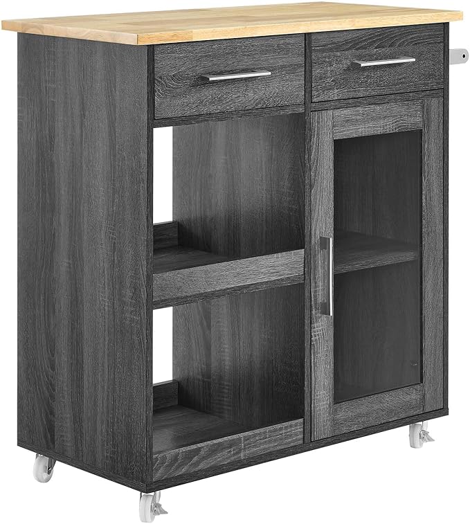 Modway Culinary Rolling Kitchen Cart with Storage in Charcoal Natural - 3 Tiers Kitchen Island on Wheels with Towel Bar, Functional as a Coffee Station, Bar Cabinet or Butcher Block Island - LeafyLoom