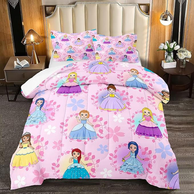 Princess Bedding Full Size Comforter Sets for Girls Bedroom Decor Pink Princess Full Quilt Set with 2 Pillowcases Cute Princess Comforter Set Girls Gifts - LeafyLoom