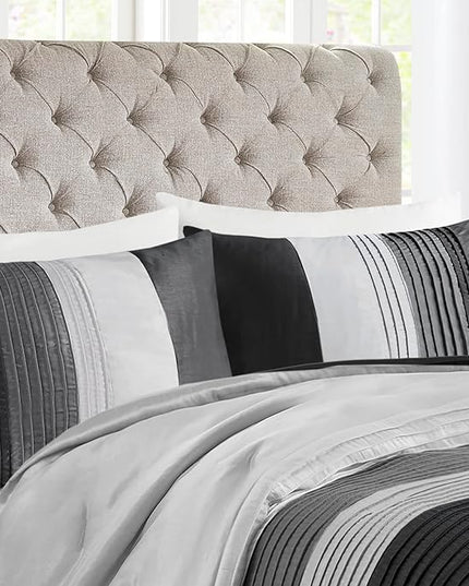 Madison Park Amherst Faux Silk Comforter Set-Casual Contemporary Design All Season Down Alternative Bedding, Matching Shams, Bedskirt, Decorative Pillows, Queen(90"x90"), Black, 7 Piece (MP10-225) - LeafyLoom