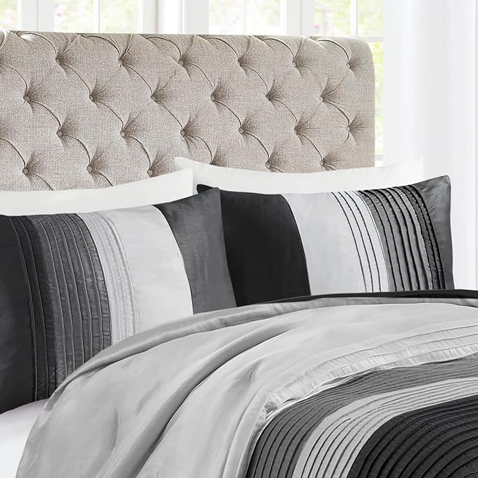 Madison Park Amherst Faux Silk Comforter Set-Casual Contemporary Design All Season Down Alternative Bedding, Matching Shams, Bedskirt, Decorative Pillows, Queen(90"x90"), Black, 7 Piece (MP10-225) - LeafyLoom