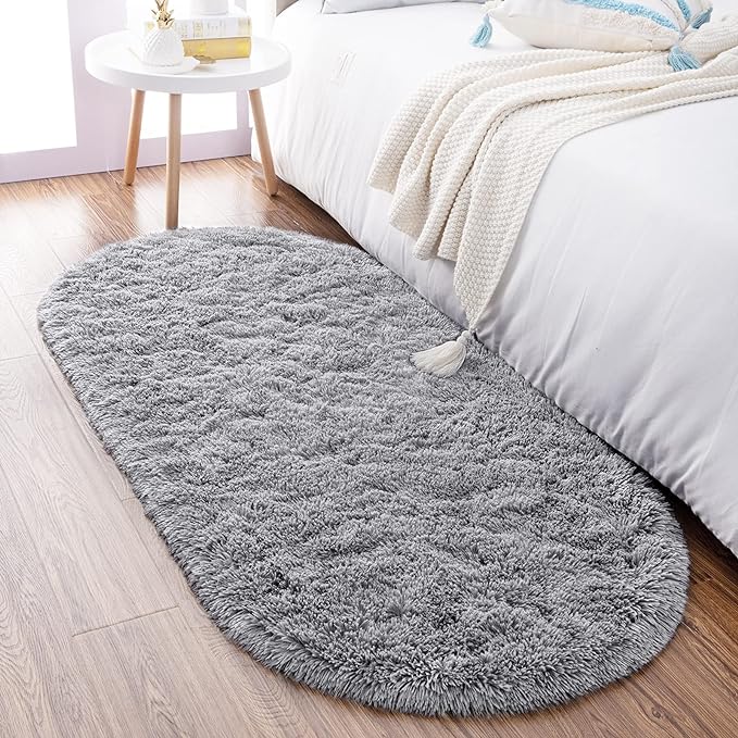 Noahas Ultra Soft Fluffy Bedroom Rugs,Shaggy Grey Area Rugs for Bedroom,Oval Throw Rugs, Kids Room Small Carpet,Living Room Runner Rug Non Slip Modern Home Decor 2.6' X 5.3' - LeafyLoom