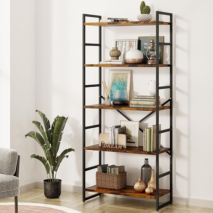 Shintenchi Bookshelf, 5 Tier Bookshelf, Tall Bookcase Shelf for CDs/Movies/Books, Home Office Bookcase Shelf Storage Organizer, Modern Book Shelf for Bedroom/Living Room/Home Office, Rustic Brown - LeafyLoom