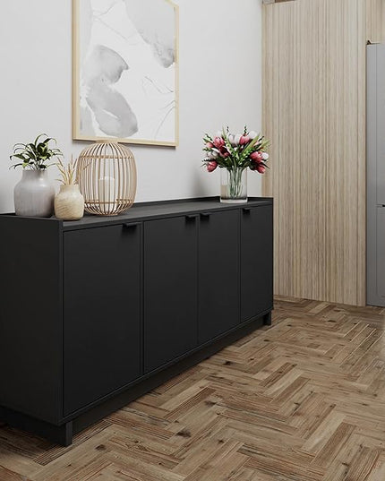 Prepac Simply Modern 4 Console Table Doors and Shelves, Sideboard Storage Cabinet, 60" W x 30" H x 16" D, Black - LeafyLoom