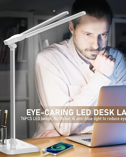 LED Desk Lamp Dimmable Table Lamp with USB Charging Port, 50 Lighting Modes, Adjustable Foldable Dual Swing Arm Architect Desk Lamp for Home Office, Eye-Caring Reading Lamp w/ Pen Holder 45min Timer - LeafyLoom