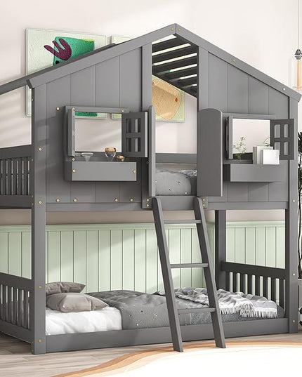 Twin Size House Bunk Bed with Roof, Door, Window and Small Box, Wooden Low Bunkbed Frame with Safety Guardrails and Ladder, for Kids Teens Bedroom, Twin Over Twin, Grey - LeafyLoom