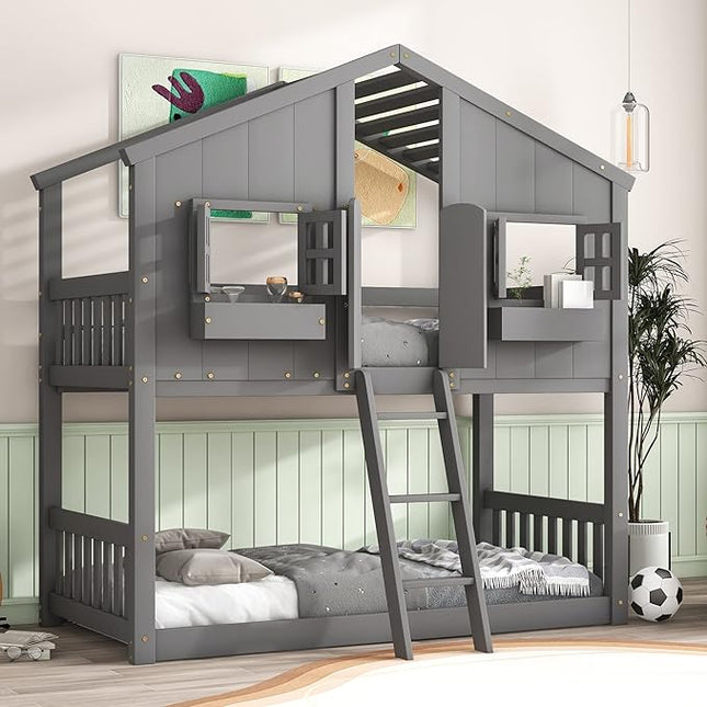 Twin Size House Bunk Bed with Roof, Door, Window and Small Box, Wooden Low Bunkbed Frame with Safety Guardrails and Ladder, for Kids Teens Bedroom, Twin Over Twin, Grey - LeafyLoom