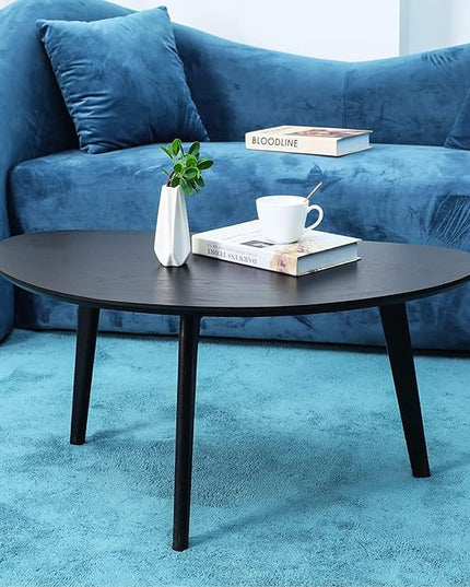 FIRMINANA Small Black Oval Coffee Table for Small Space , Simple Modern Center Table with OAK Wood Legs-Black-18.9" D x 33.47" W x 15.75" H - LeafyLoom