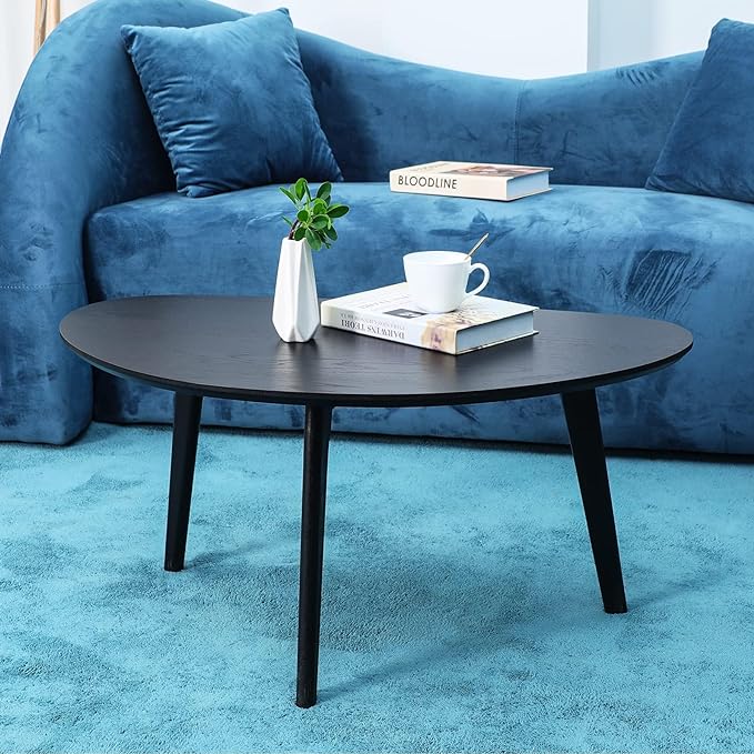 FIRMINANA Small Black Oval Coffee Table for Small Space , Simple Modern Center Table with OAK Wood Legs-Black-18.9" D x 33.47" W x 15.75" H - LeafyLoom