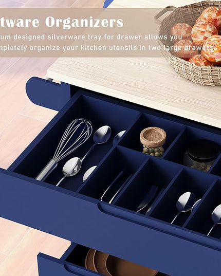 Kitchen Island on Lockable Wheels, Mobile Kitchens Cart with Rubber Wood Countertop, w/Drawer and Storage Cabinet for Dining Room, Bar - LeafyLoom