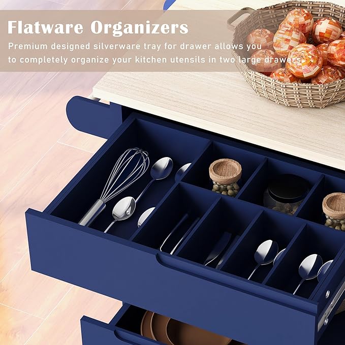 Kitchen Island on Lockable Wheels, Mobile Kitchens Cart with Rubber Wood Countertop, w/Drawer and Storage Cabinet for Dining Room, Bar - LeafyLoom