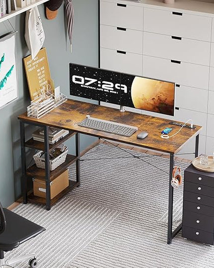 AODK Laptop Desk Office Desk, 48 Inch Computer Desk with Power Outlet and USB & Type-C Charging Port, Writing Desk with 3-Tier Reversible Storage Shelf for Home Office, 48'' x 16'', Rustic Brown - LeafyLoom