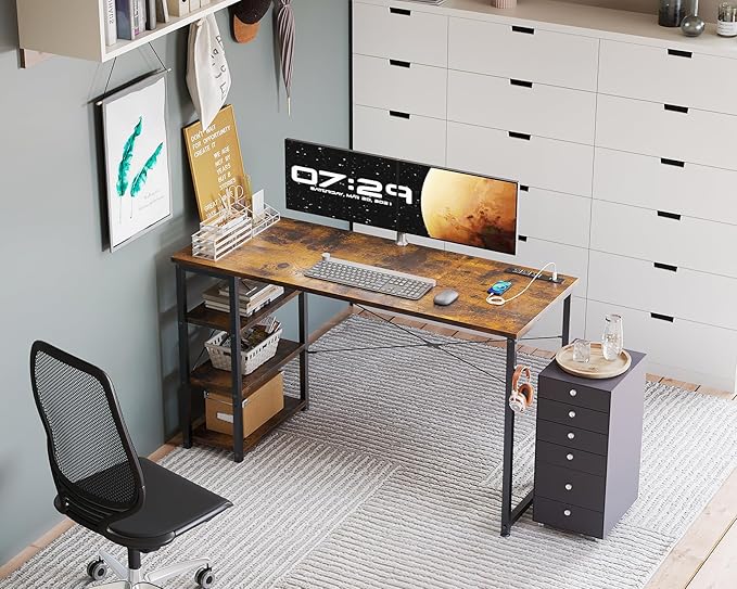 AODK Laptop Desk Office Desk, 48 Inch Computer Desk with Power Outlet and USB & Type-C Charging Port, Writing Desk with 3-Tier Reversible Storage Shelf for Home Office, 48'' x 16'', Rustic Brown - LeafyLoom