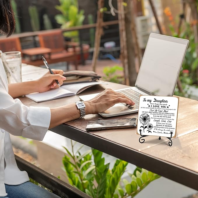 Daughter Gift from Mom, To My Daughter Gift Desk Decor Wood Plaque with Stand, Home Office Table Desk Sign Keepsake -A36 - LeafyLoom